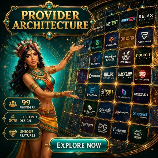 Ballerina elegante che presenta l'Architettura Provider nella galleria slot con 99 studi di gioco