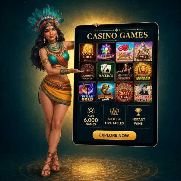 Ballerina elegante presenta showcase di giochi da casinò su tablet a Rolldorado