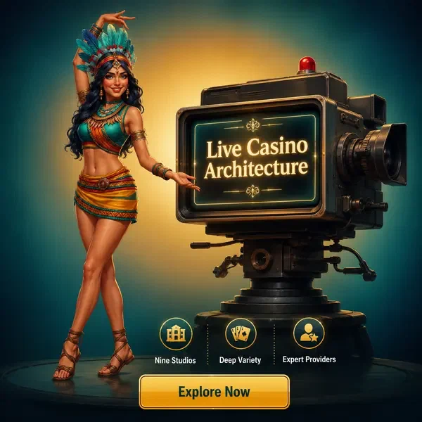 Presentatrice elegante che svela le telecamere del live casino nella configurazione dello studio Rolldorado